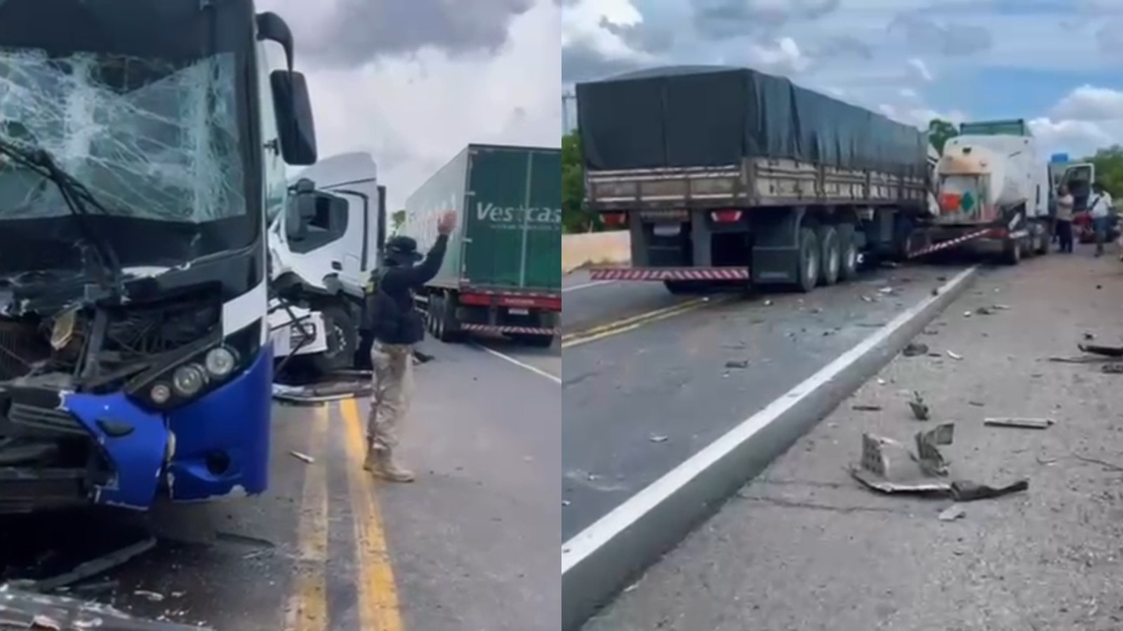 Acidente com ônibus, caminhão e carretas deixa motorista e sete pessoas da mesma família feridas no Ceará