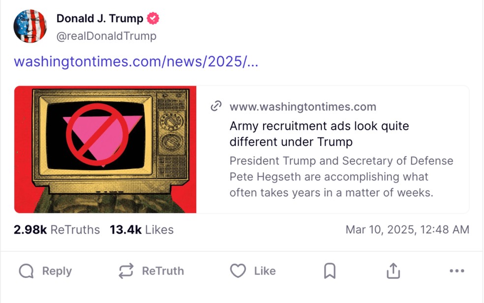 Trump compartilha o “triângulo rosa”, símbolo da era nazista para rotular homossexuais, com sinal de proibição — Foto: Truth Social / Reprodução