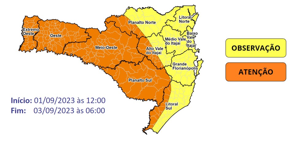 Há risco alto de ocorrência relacionadas a temporais nas áreas em laranja do mapa — Foto: Defesa Civil/ Divulgação