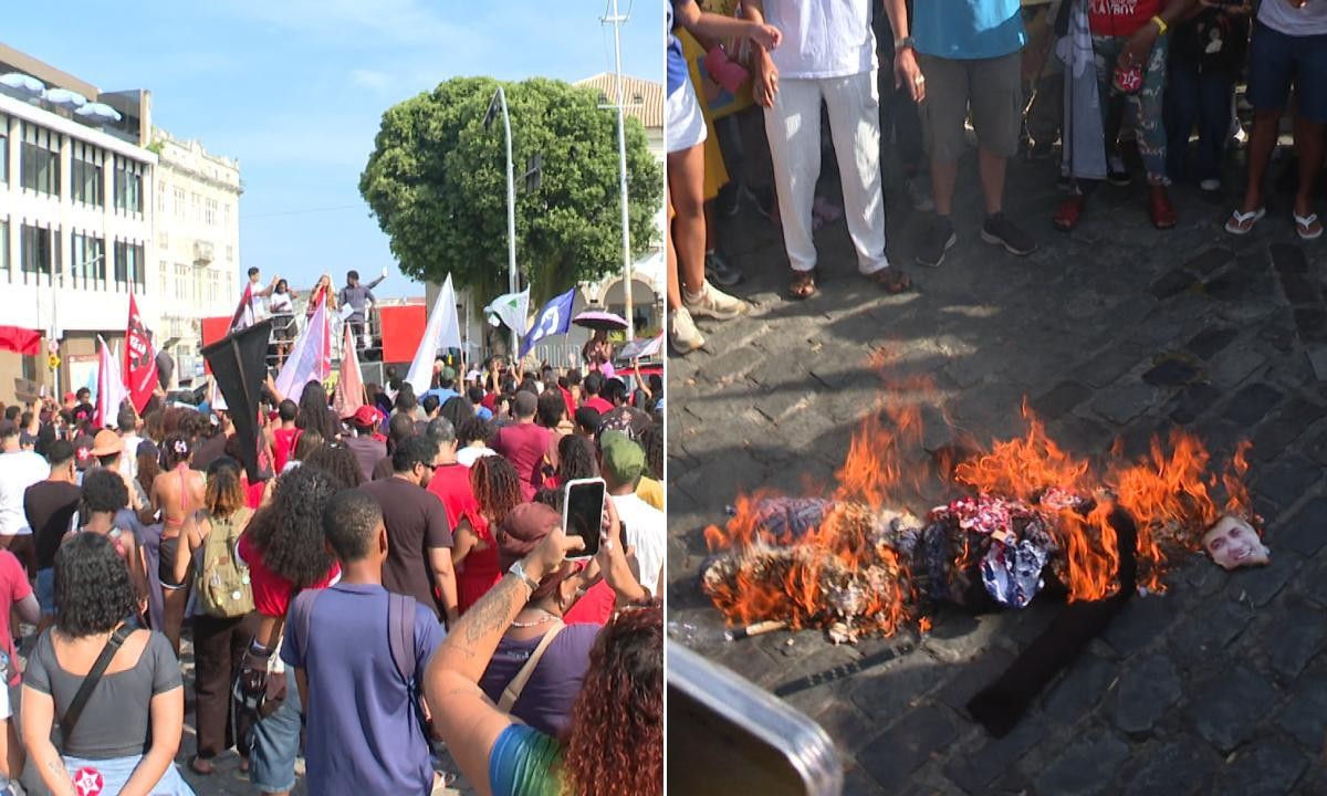 Grupo protesta em Salvador após redução da frota de ônibus na eleição e queima boneco com foto do prefeito Bruno Reis