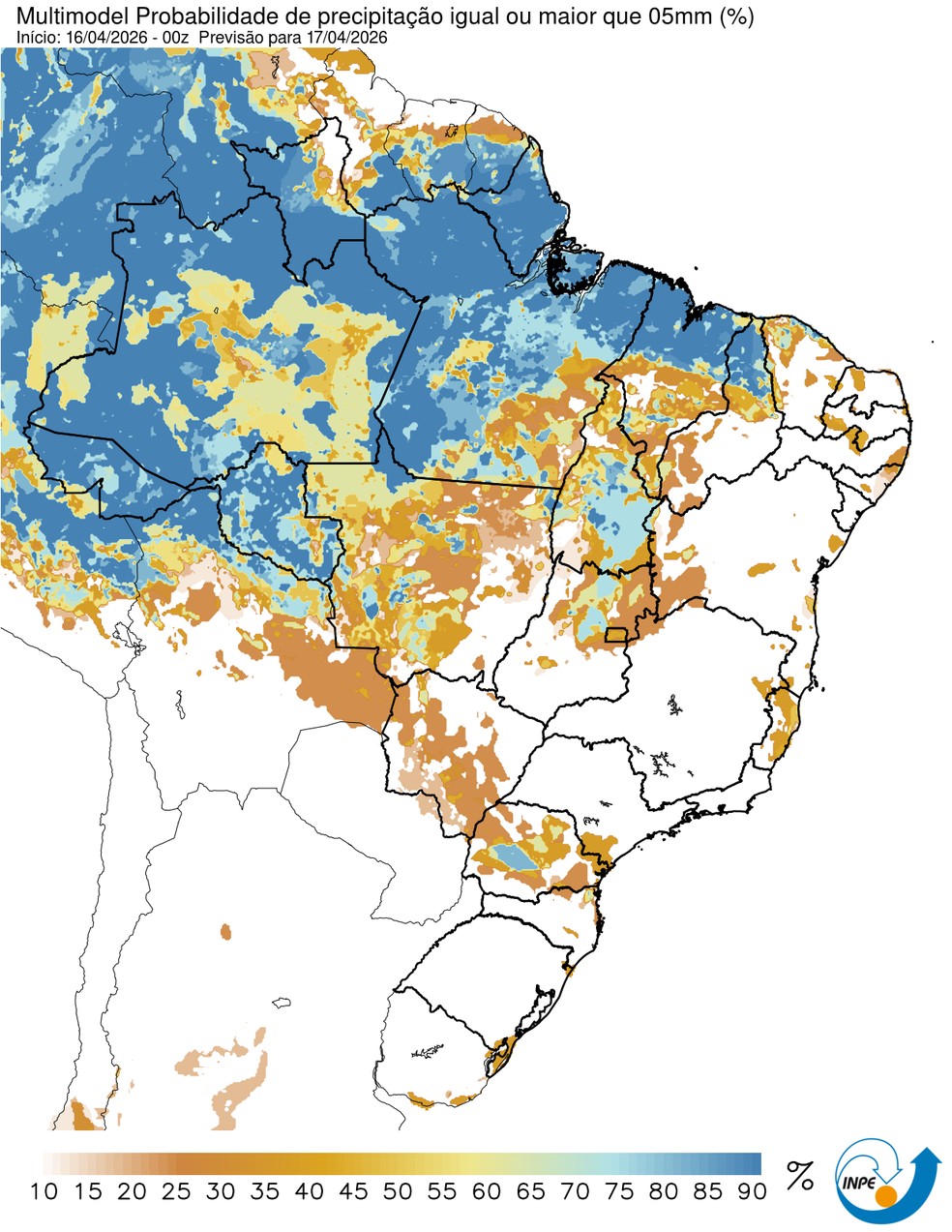 Mapa mostra previsão de chuva para esta sexta (17) em todo o Brasil. — Foto: CPTEC/Inpe