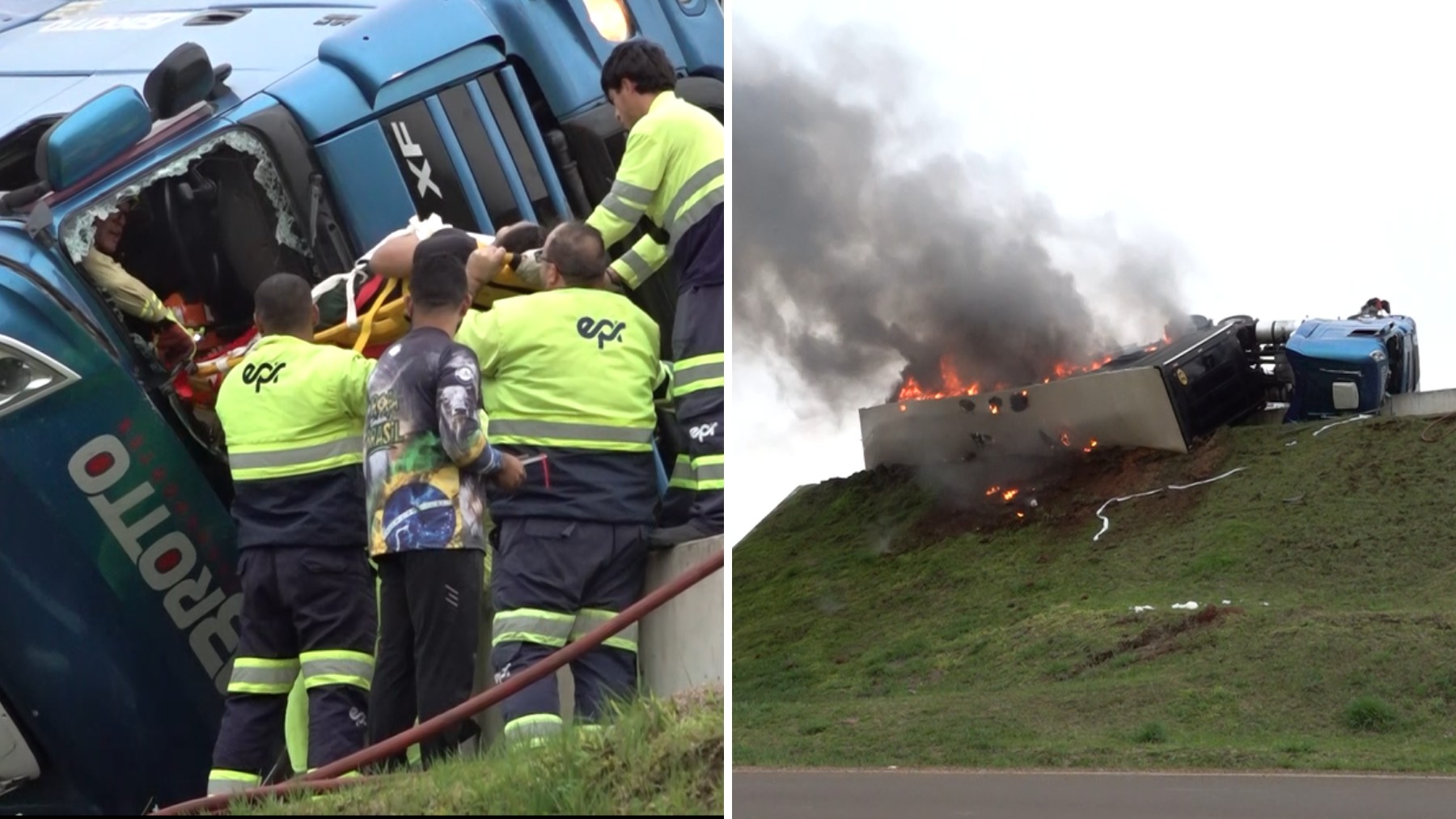 passageira é retirada de ferragens de caminhão segundos antes de veículo pegar fogo, no Paraná