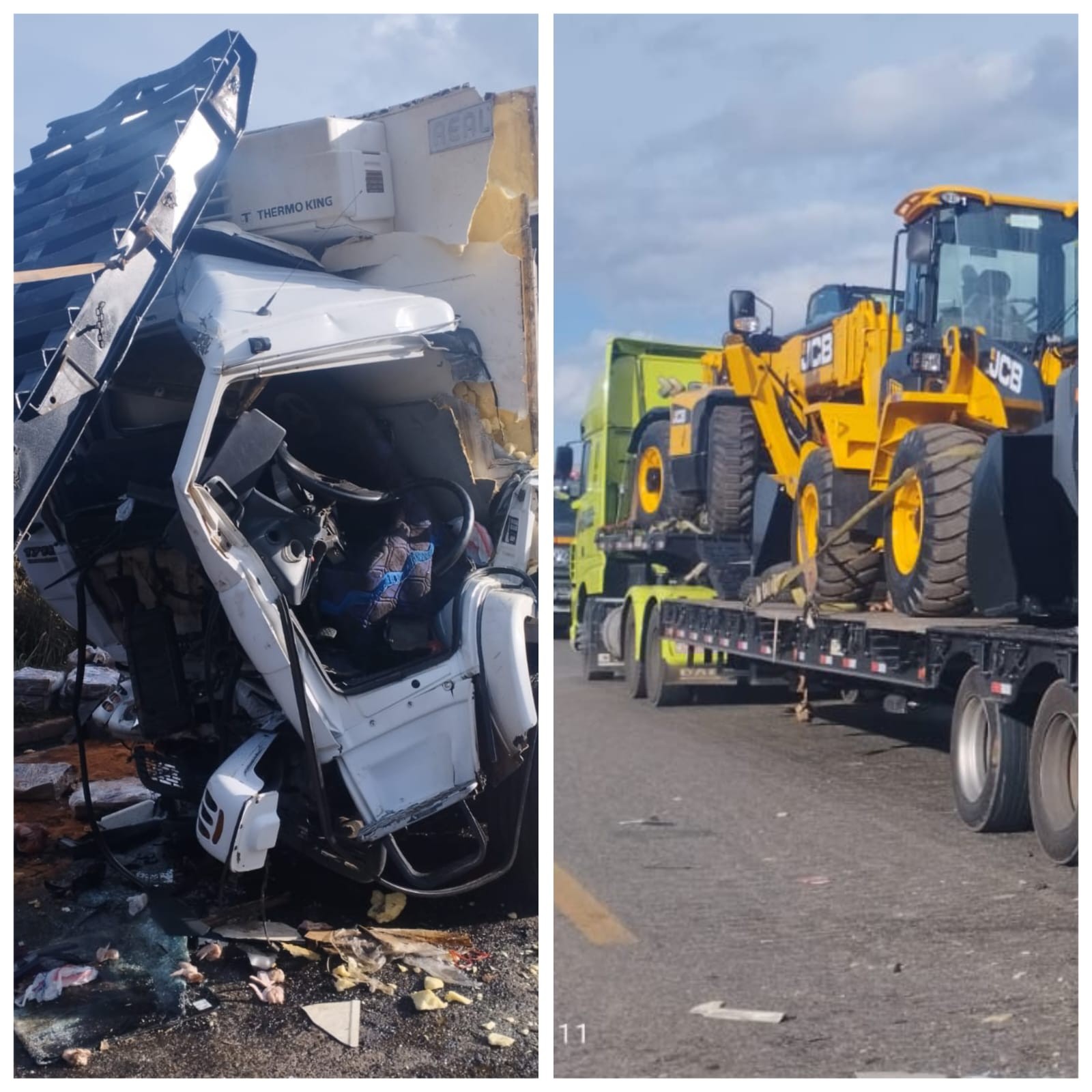 Caminhão-prancha parado por pane nos freios é atingido por caminhão-baú na BR-251; motorista e mecânico ficam feridos