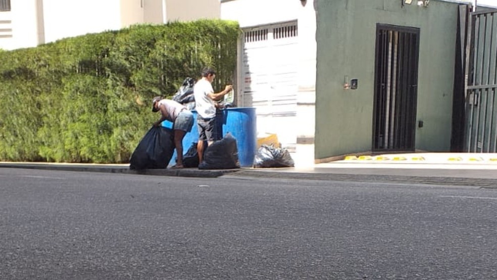 Famílias coletam comida em tambor de lixo de supermercado em Fortaleza antes que produtos sejam coletados e levados a lixão. — Foto: Gioras Xerez/g1