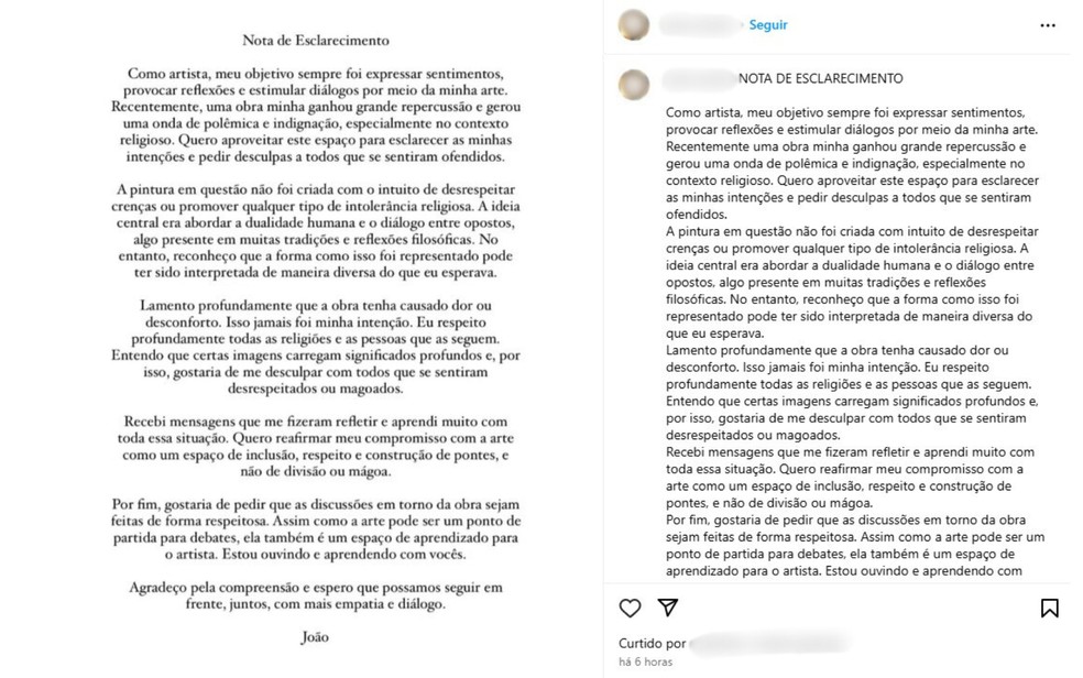 Artista publicou nota de esclarecimento nas redes sociais — Foto: Redes sociais