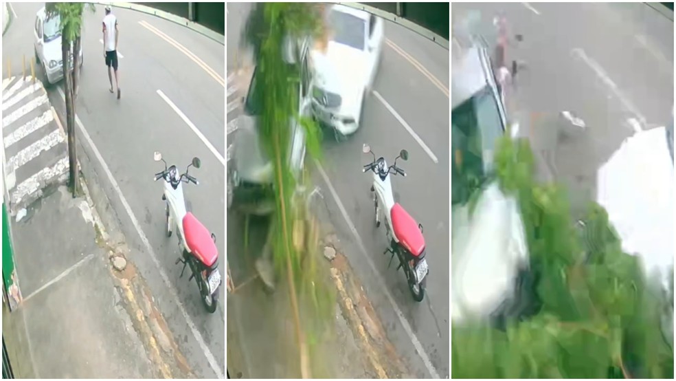Motorista de Mercedes atropela pedestre, bate em carro e moto e derruba árvore, no Crato — Foto: Reprodução