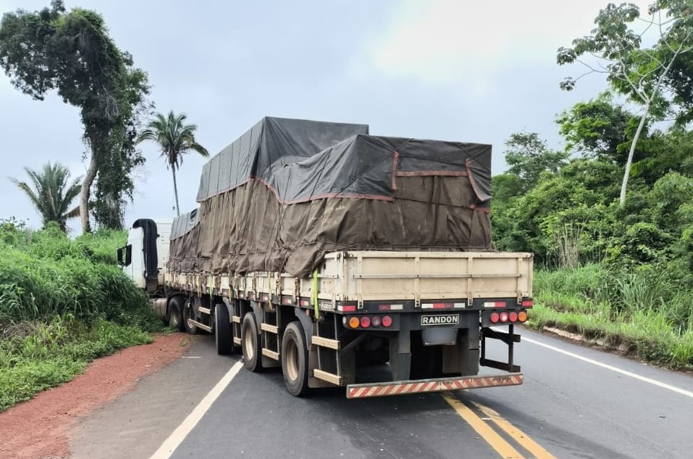O motorista do caminhão que transportava MDF, não teve ferimentos — Foto: Corpo de Bombeiros/ Divulgação