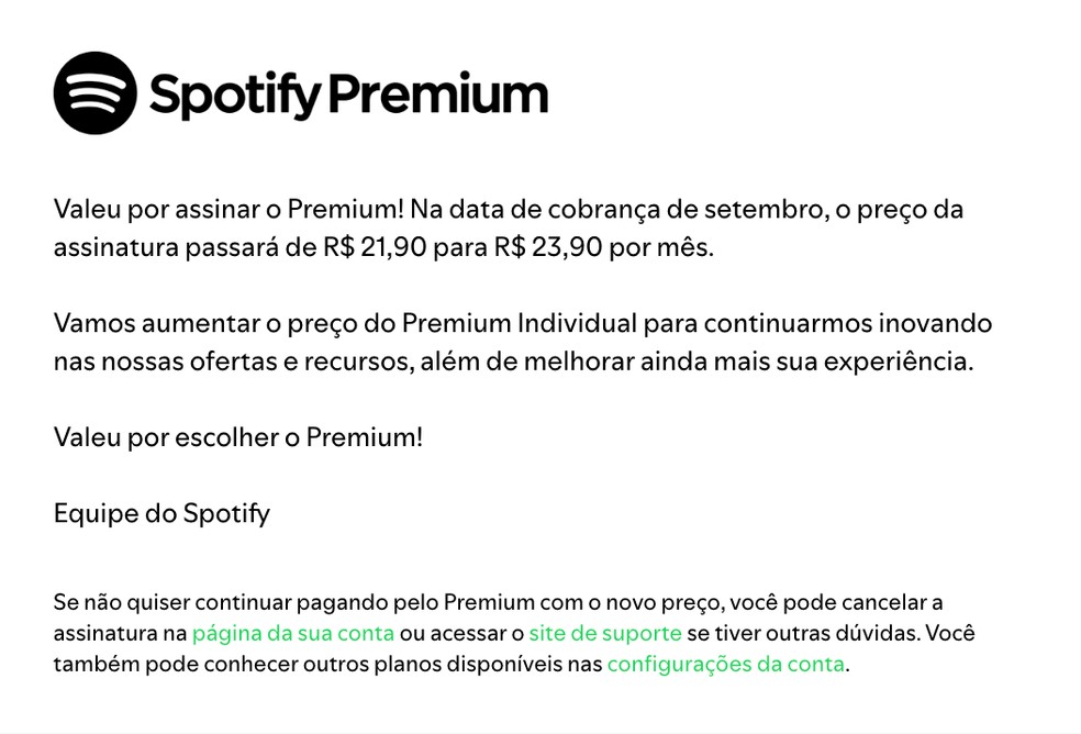 E-mail que o Spotify enviará aos assinantes do Premium sobre o reajuste — Foto: Divulgação/Spotify
