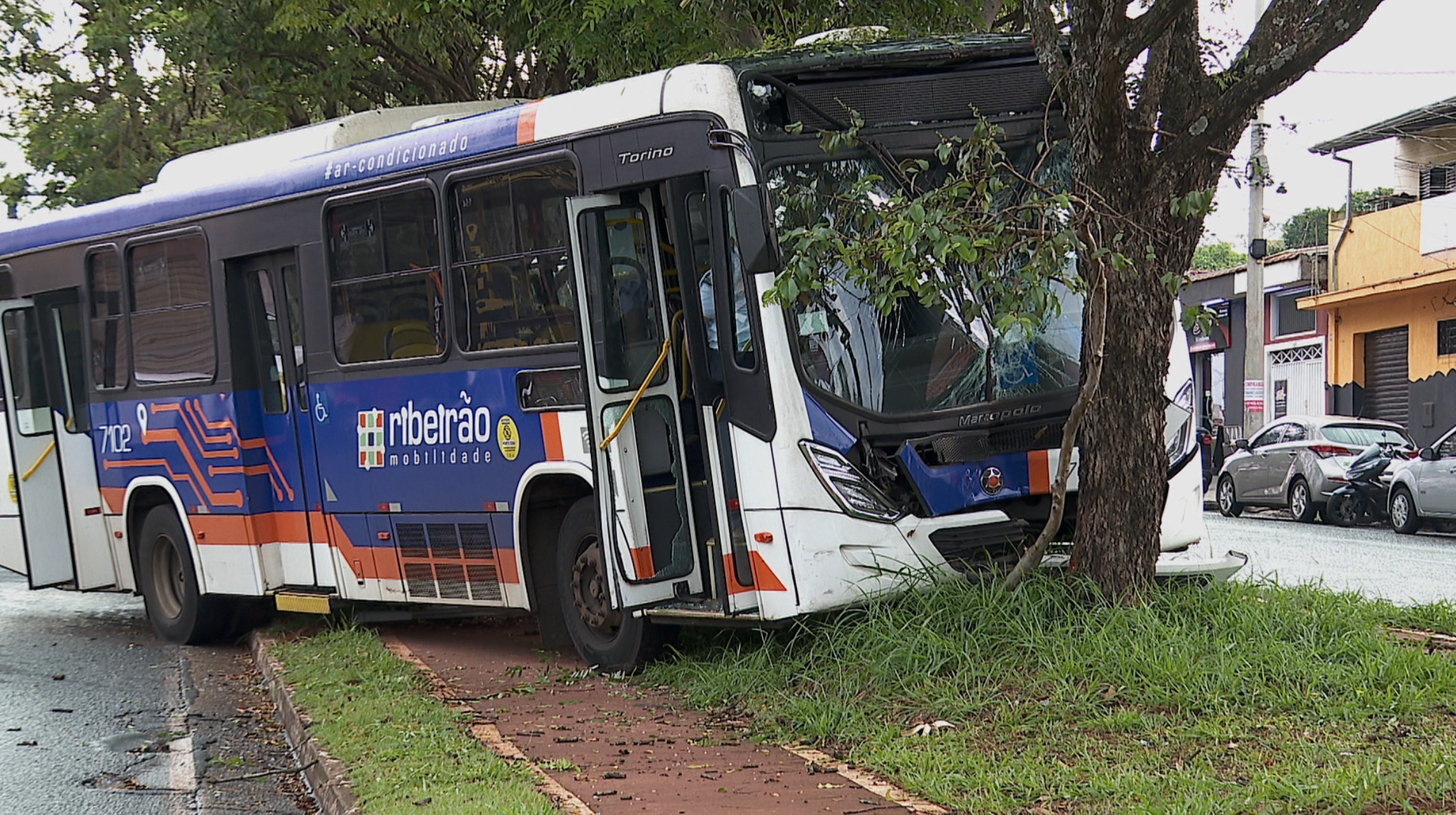 Ônibus desgovernado com passageiros bate em carro e árvore em Ribeirão Preto, SP