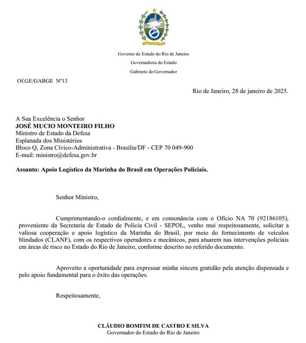 Ofício enviado por Castro, em janeiro, pedindo ajuda ao governo federal — Foto: Reprodução