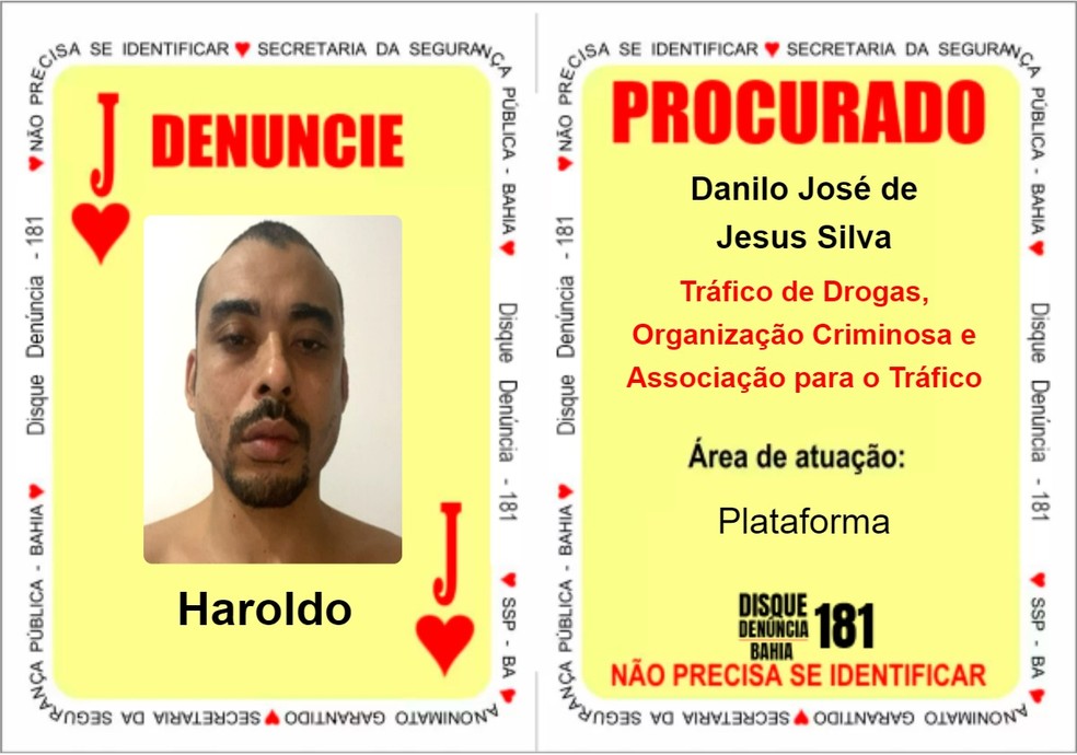 O novo "Valete de Copas’" é Danilo José de Jesus Silva, o “Haroldo”, apontado como a liderança do tráfico de drogas no bairro de Plataforma — Foto: Divulgação/SSP-BA