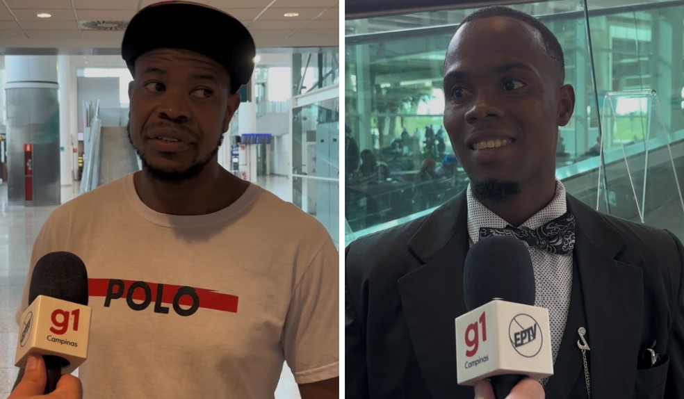 Evens Cheyery (à esq.), saiu de Florianópolis (SC) para acompanhar a chegada da cunhada e amigos em Viracopos; animado com a chegada ao Brasil, Francisco Melisse deixou um recado de agradecimento e esperança — Foto: Estevão Mamédio/g1