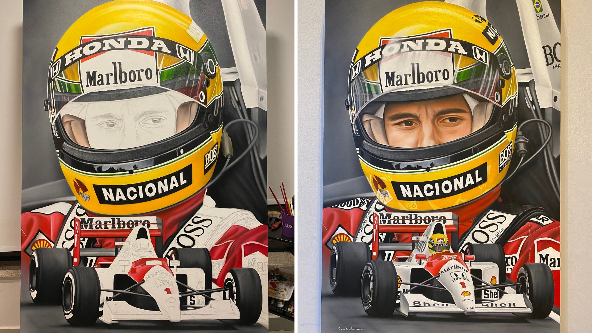 Tatuador rifa pintura realista de Ayrton Senna para ajudar nos custos de cuidados paliativos da esposa com câncer: 'Nunca desistir'