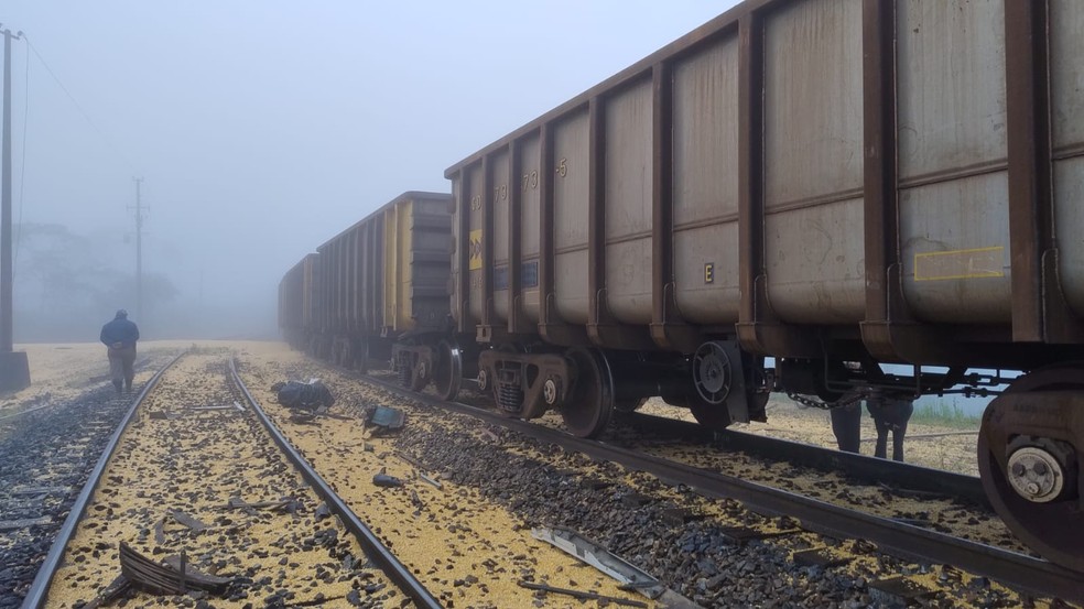 Trem ficou parado após batida com caminhão na AMG-0420, em Ressaquinha  — Foto: PMRv/Divulgação
