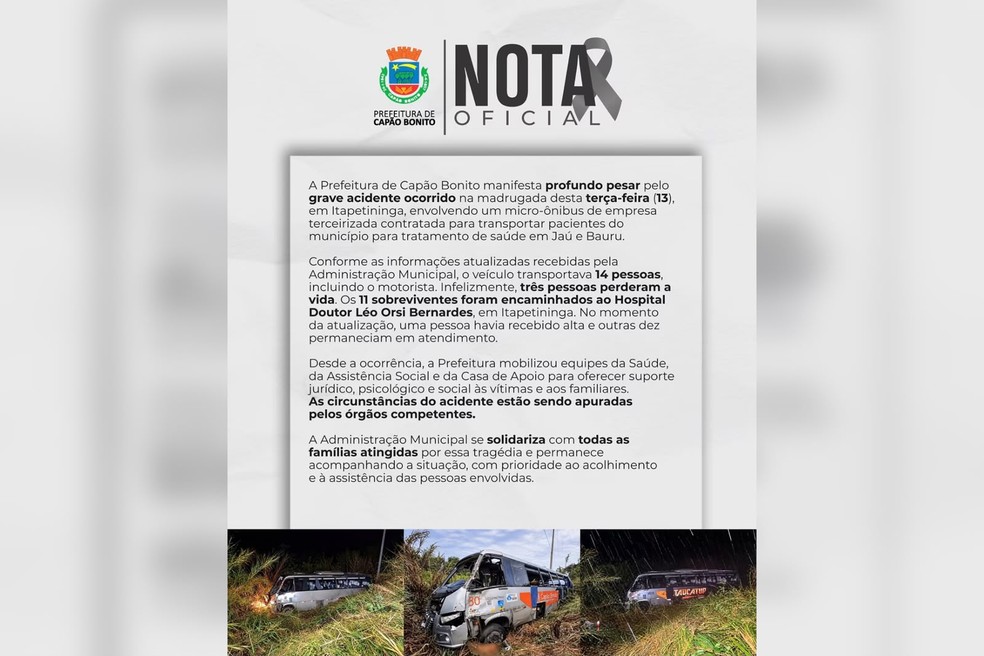 Prefeitura de Capão Bonito (SP) lamentou o ocorrido e disse que o micro-ônibus é de uma empresa terceirizada — Foto: Prefeitura de Capão Bonito