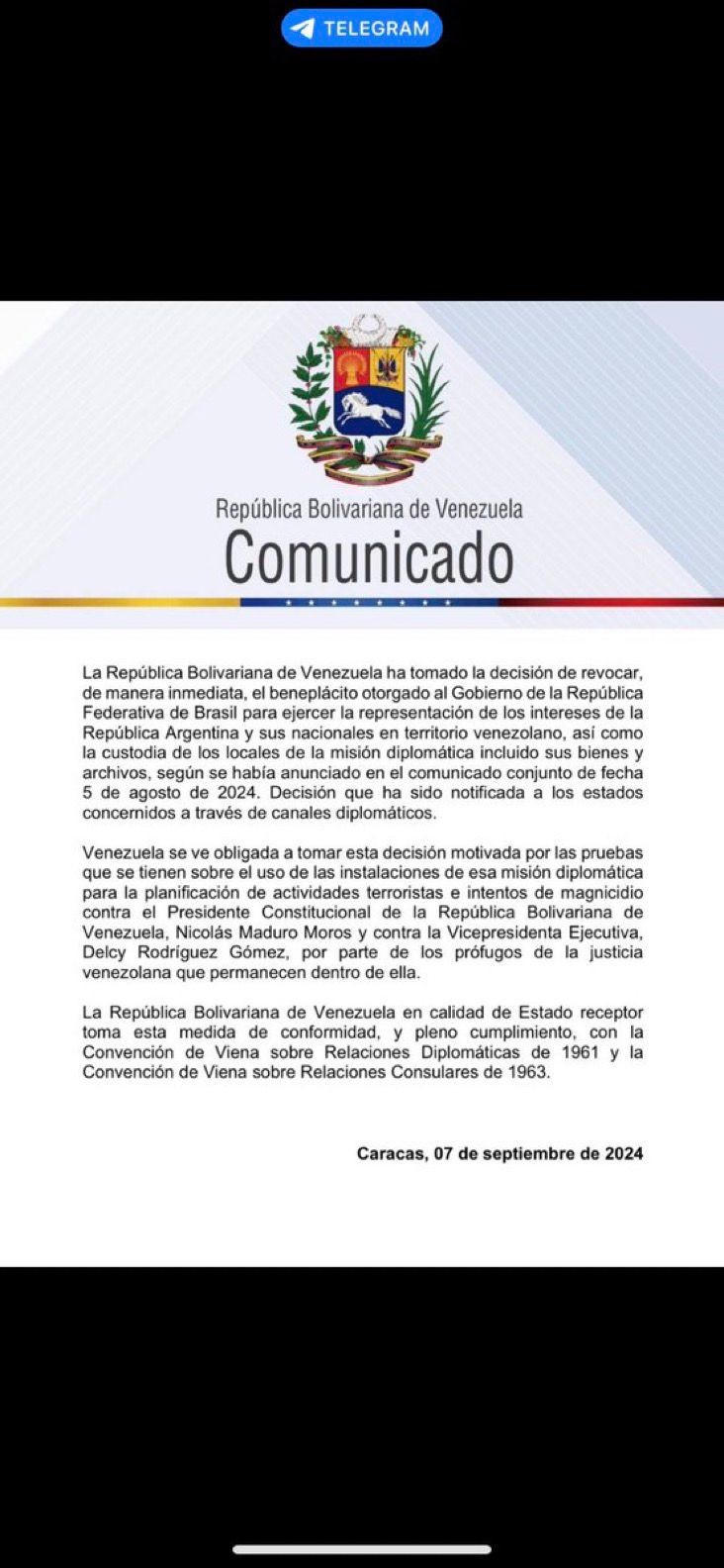 Venezuela determina que Brasil deixe a custódia da embaixada da Argentina