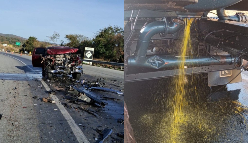 Acidente entre caminhão-tanque e caminhonete causa vazamento de biodiesel na BR-262; bombeiros dizem que há risco ambiental