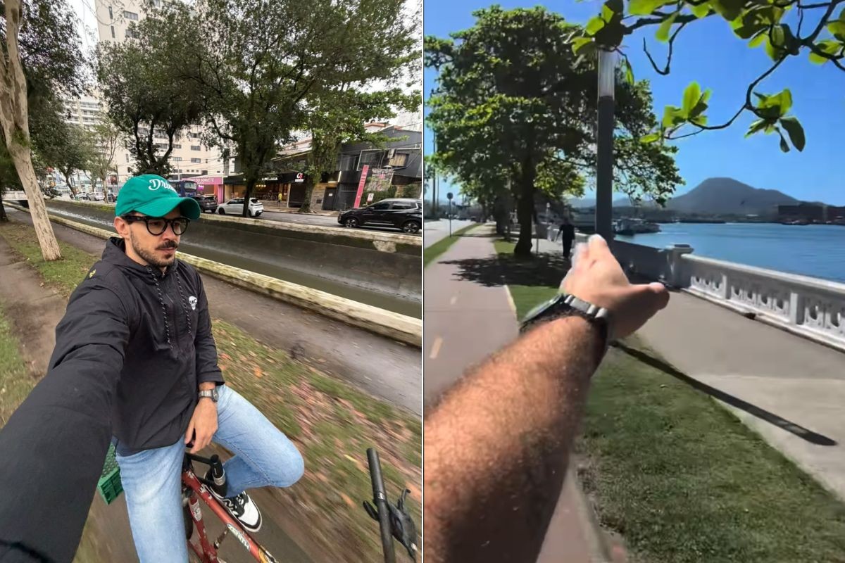 Arquiteto viraliza ao pedalar por Santos com óculos com câmera e contar histórias da cidade; VÍDEO