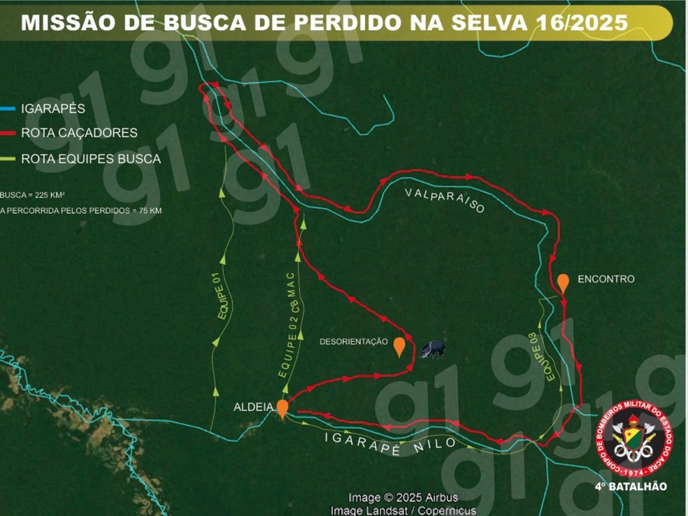 Rota percorrida por homens perdidos em mata no interior do Acre — Foto: Asscom/CBMAC