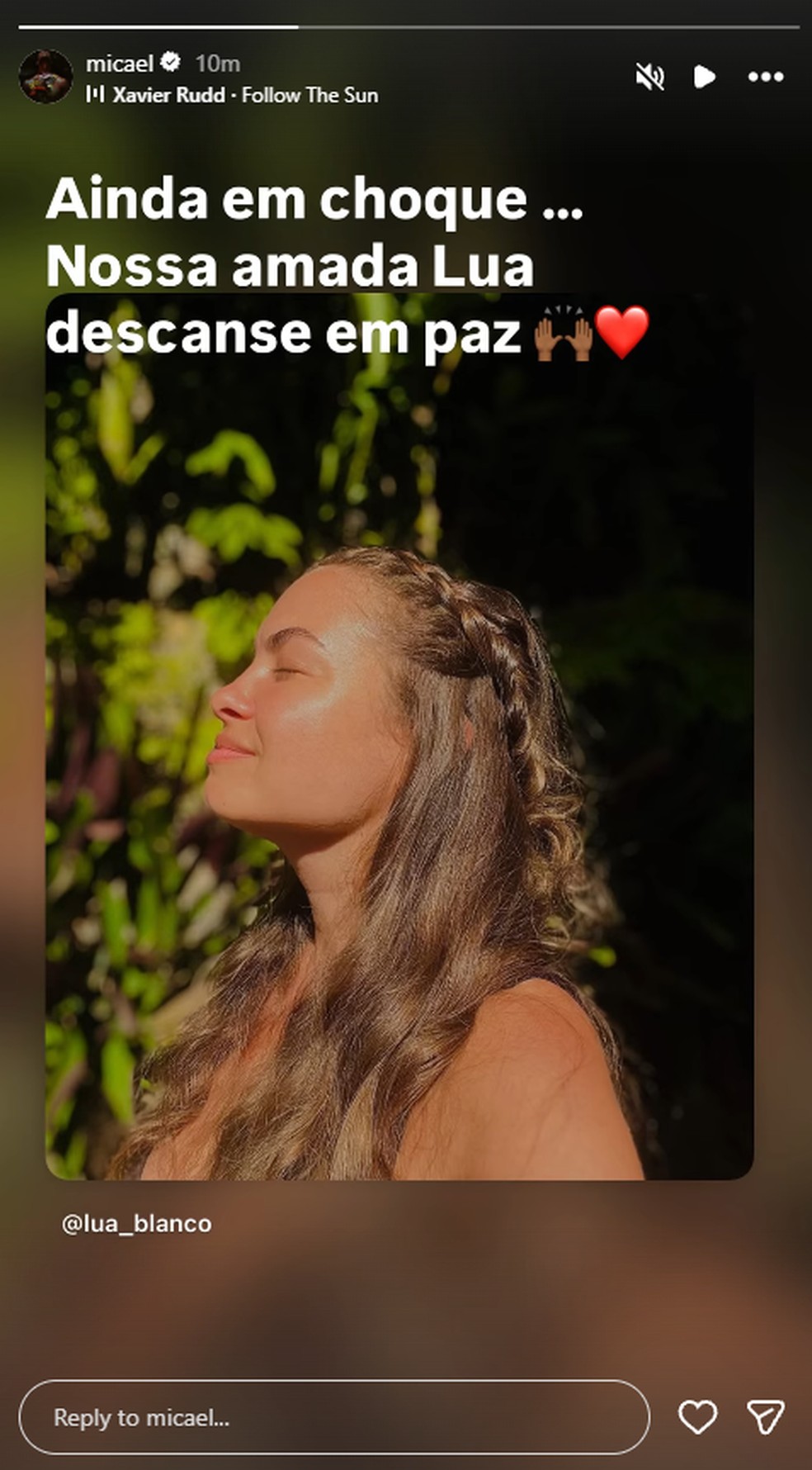 Micael Borges lamentou a morte de Lua Blanco — Foto: Reprodução/instagram