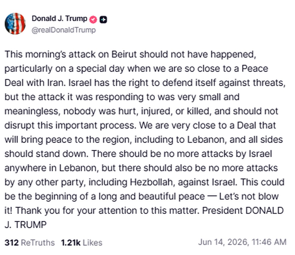 Trump diz que ataque no Líbano não deve interromper o processo de negociação — Foto: Redes Sociais