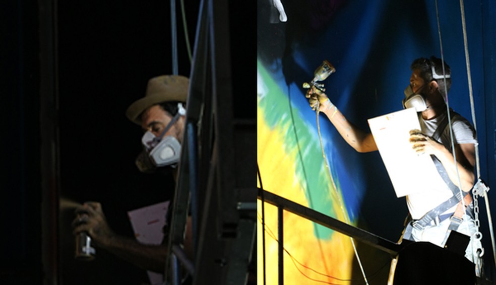 Artistas executando o trabalho pela noite com auxílio de luminárias — Foto: Reprodução/ MPRO