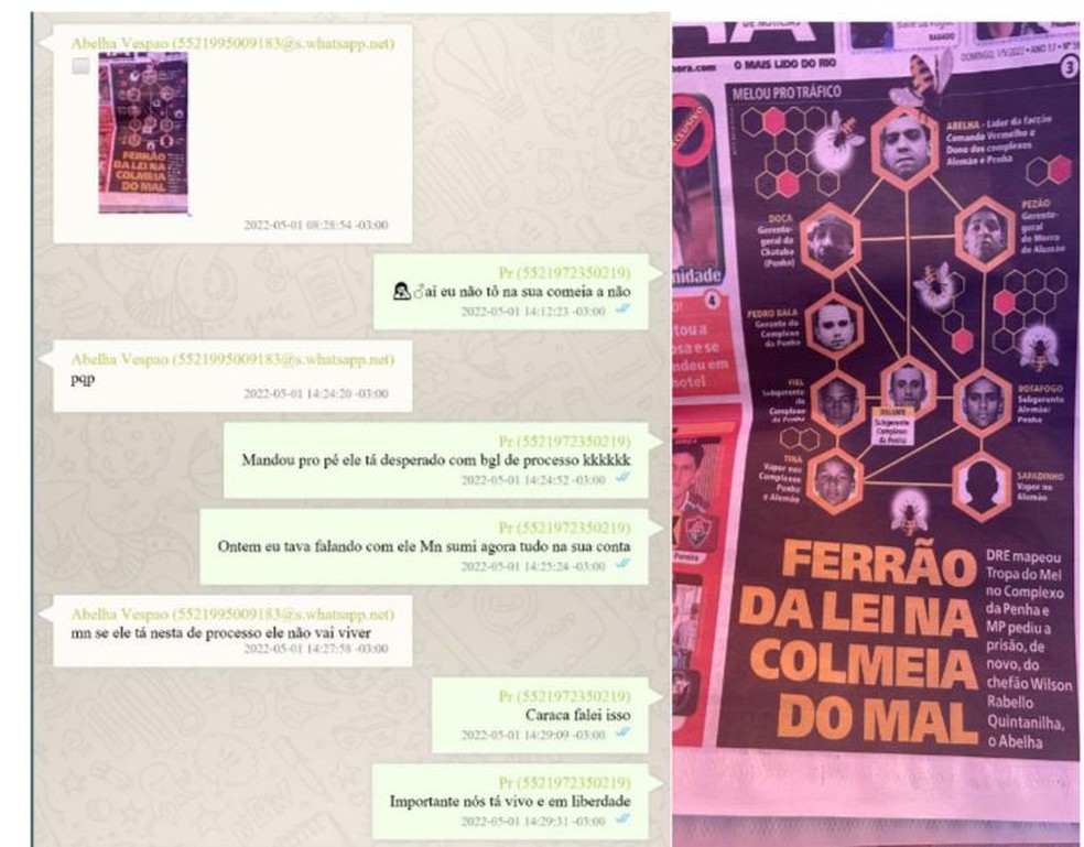 Os traficantes Abelha e Professor debocham de organograma feito pelo MPRJ — Foto: Reprodução