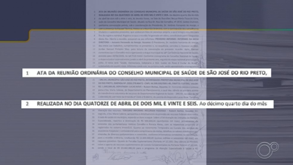 Ata de reunião do Conselho de Saúde, de 14 abril, mostra que convênio da Prefeitura de Rio Preto com a Santa Casa de Casa Branca (SP) foi aprovado por unanimidade: no dia 17, prefeito Fábio Cândido assinou contrato com o hospital — Foto: TV TEM/Reprodução