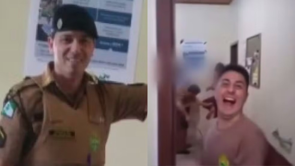 Policiais sorriem durante gravação de sessão de tortura contra jovens em batalhão de Matelândia — Foto: Reprodução/RPC