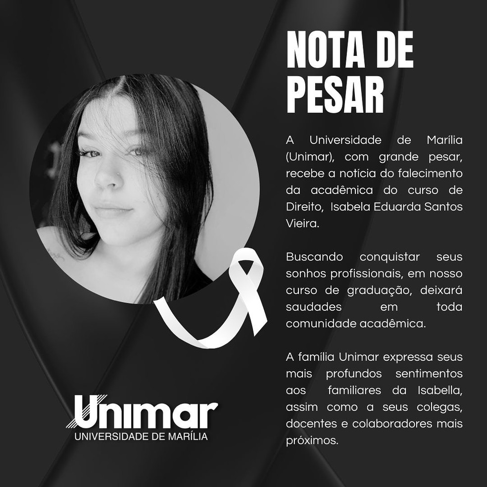 Faculdade publicou nota de pesar após morte de estudante de direito em Marília — Foto: Unimar/Divulgação