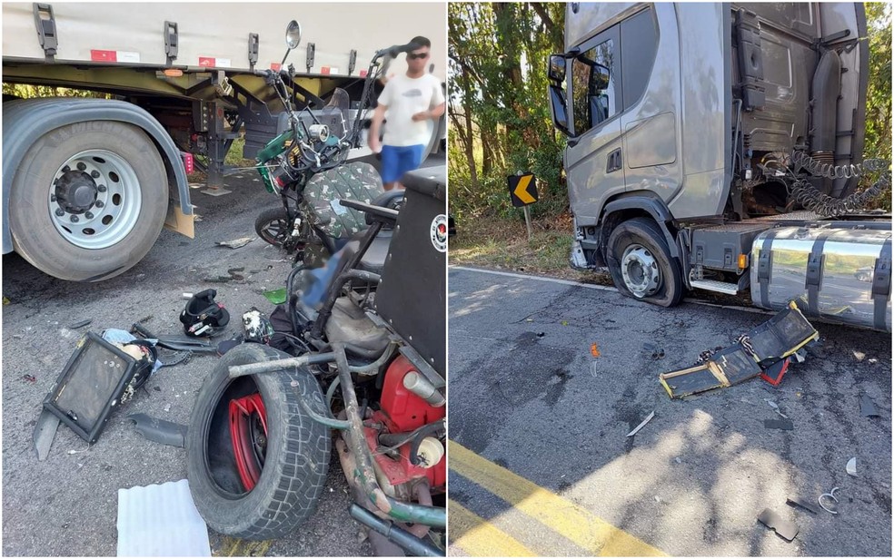 Batida entre triciclo e carreta deixa mulher morta e homem gravemente ferido na BR-354, em Caxambu, MG — Foto: Reprodução / Redes sociais