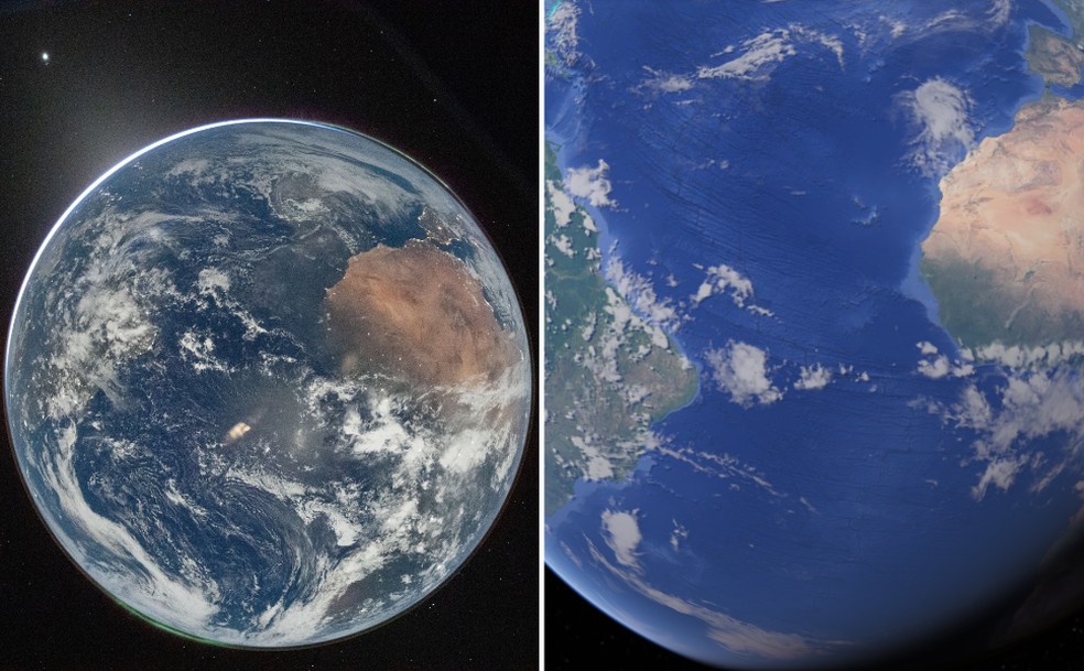 À esquerda, fotografia da Terra, divulgada pela Nasa, invertida em 180º; à direita, reprodução do Google Earth que mostra a parte dos continentes americano e africano — Foto: Nasa/Reid Wiseman e Google Earth