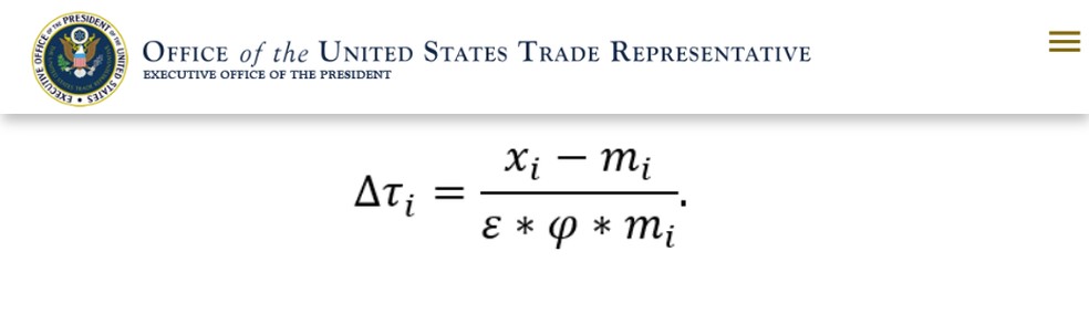 Fórmula utilizada pelos EUA para calcular as chamadas 'tarifas recíprocas' — Foto: US Trade Representative/Reprodução