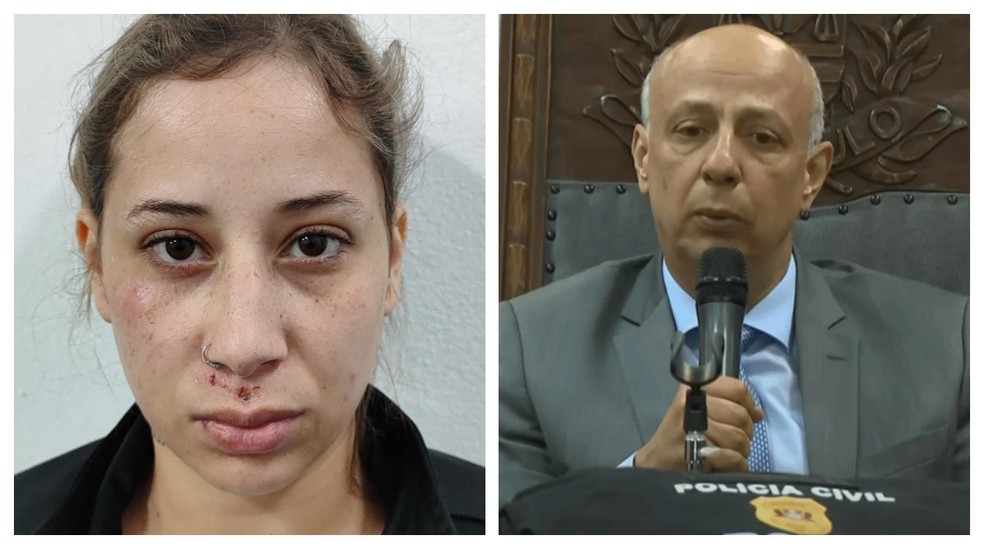 Dahesly Oliveira Pires, de 25 anos, é a 1ª suspeita presa por envolvimento na morte do delegado Ruy Fontes. — Foto: Montagem/g1/Reprodução/TV Globo