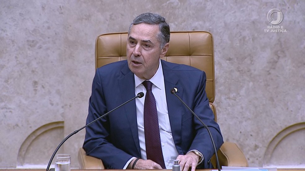Barroso, presidente do STF, discursa em evento que lembra 1 ano dos ataques de 8 de janeiro — Foto: Reprodução/TV Justiça