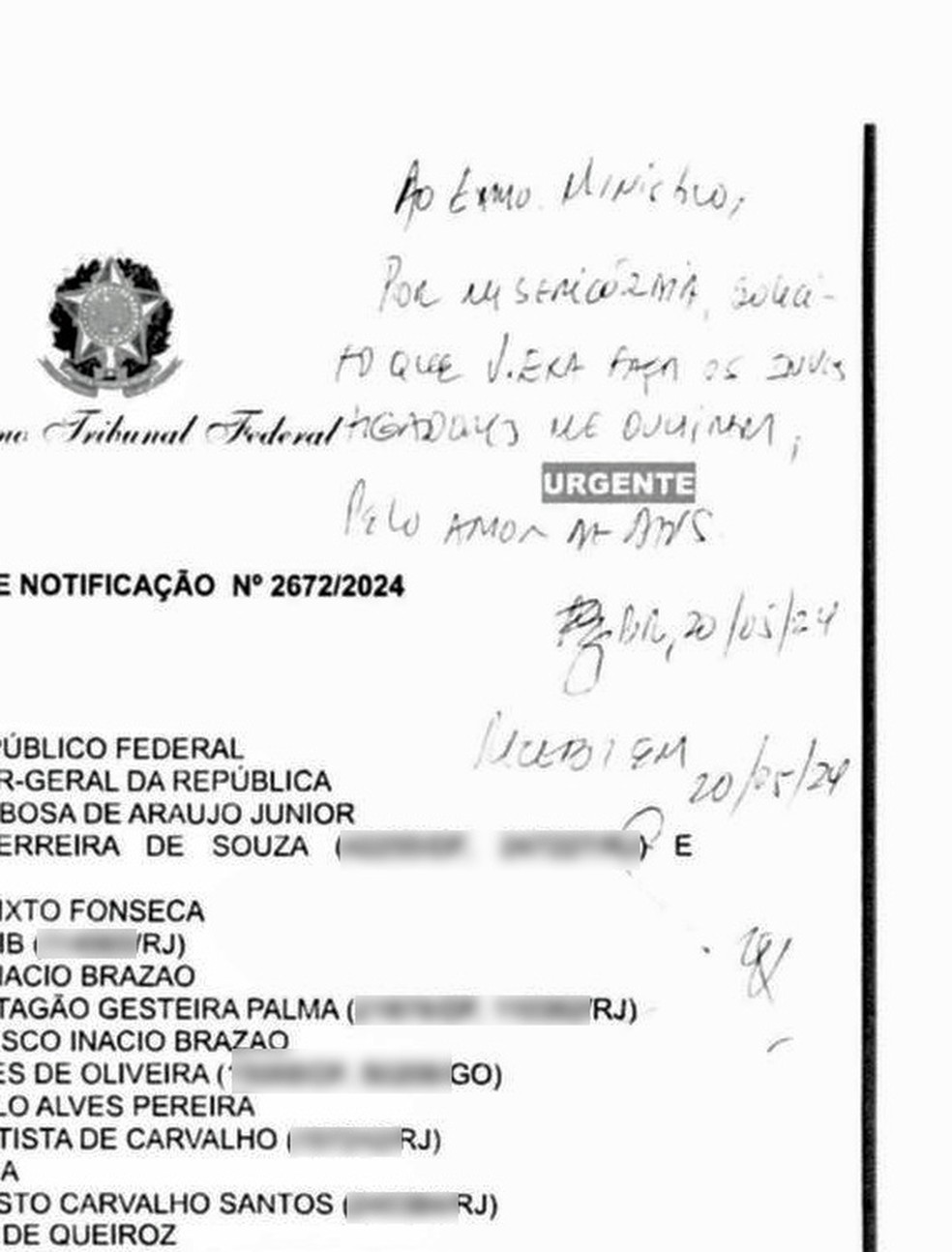 Bilhete de Rivaldo Barbosa foi escrito em documento do STF: 'Pelo amor de Deus', pede o delegado — Foto: Reprodução