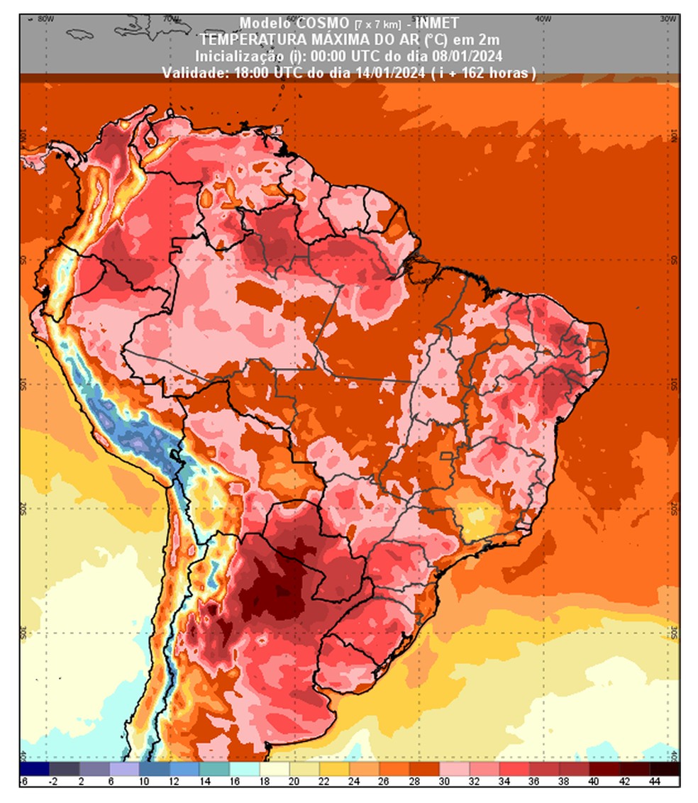 Previso de temperatura mxima para o dia 14 de janeiro de 2024 s 15h.  Foto: Inmet