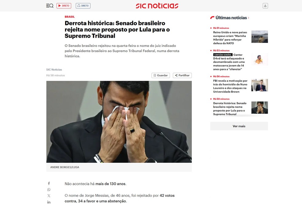 Jorge Messias rejeitado no Senado foi notícia na SIC Notícias — Foto: Reprodução