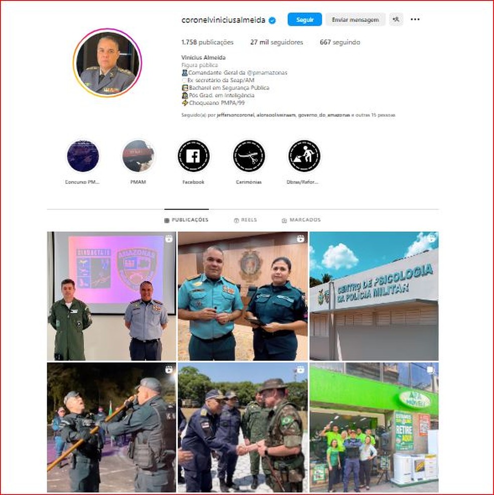 Instagram do coronel Vinicius Almeida — Foto: Reprodução
