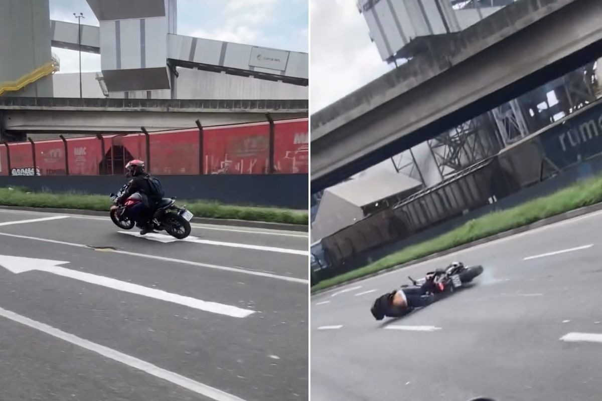 Motociclista é filmado ao cair após passar por buraco em avenida do litoral de SP