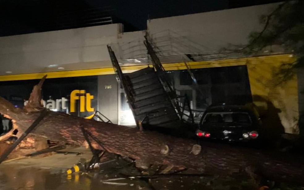 Estragos na porta de academia na Rua General Câmara, em Ribeirão Preto, SP — Foto: Redes sociais