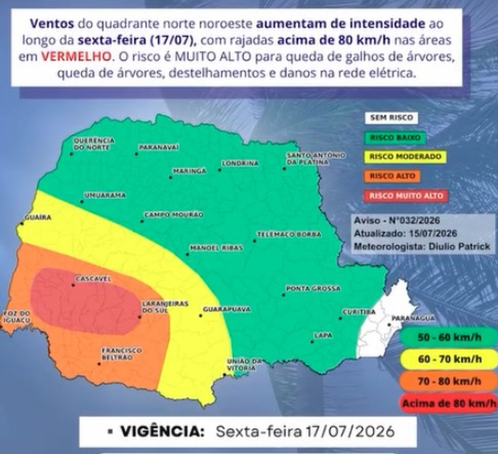Aviso meteorológico para sexta-feira (17) — Foto: Reprodução/Defesa Civil e Simepar