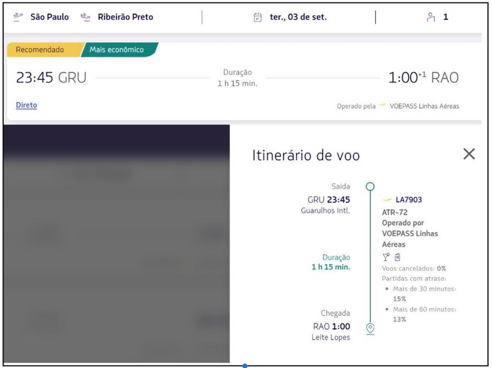 Exemplo de como o codeshare é sinalizado pela Latam em um voo operado pela Voepass — Foto: Latam