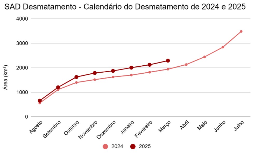 Calendário de desmatamento de 2024 e 2025. — Foto: SAD Desmatamento/Imazon