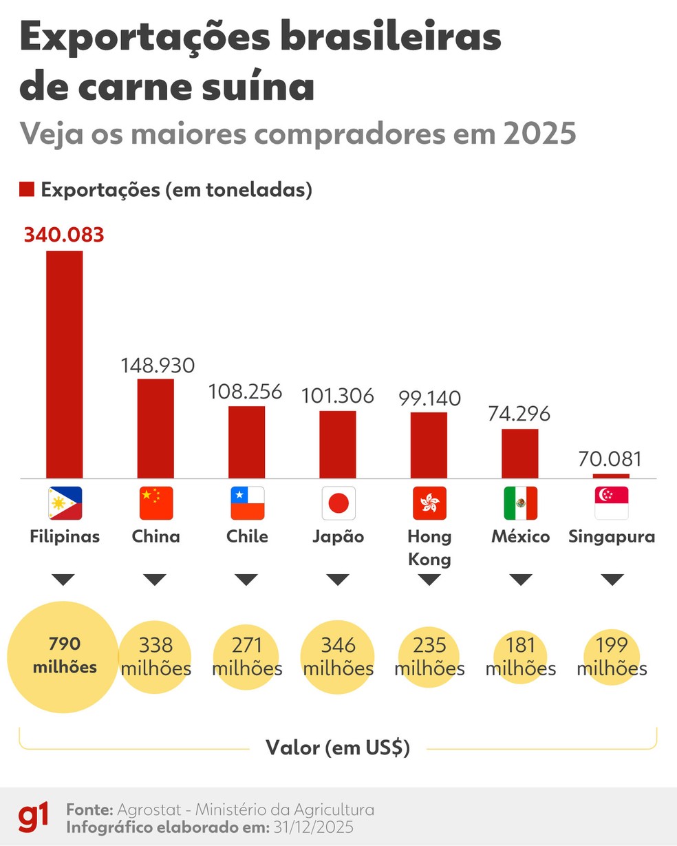 Veja os maiores compradores da carne suína brasileira em 2025 — Foto: g1/Kayan Albertin