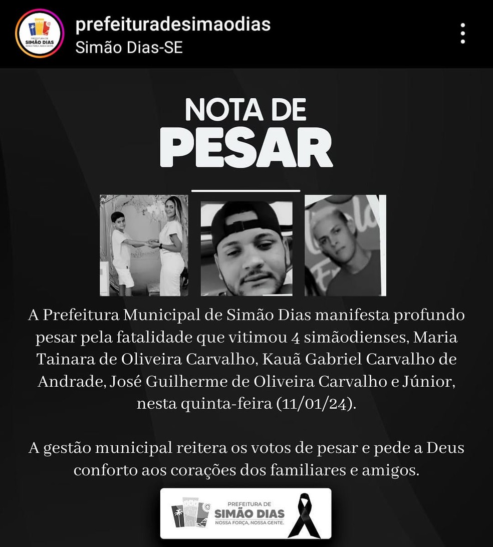 Prefeitura de Simão Dias, em Sergipe, lamentou a morte da família — Foto: Redes sociais