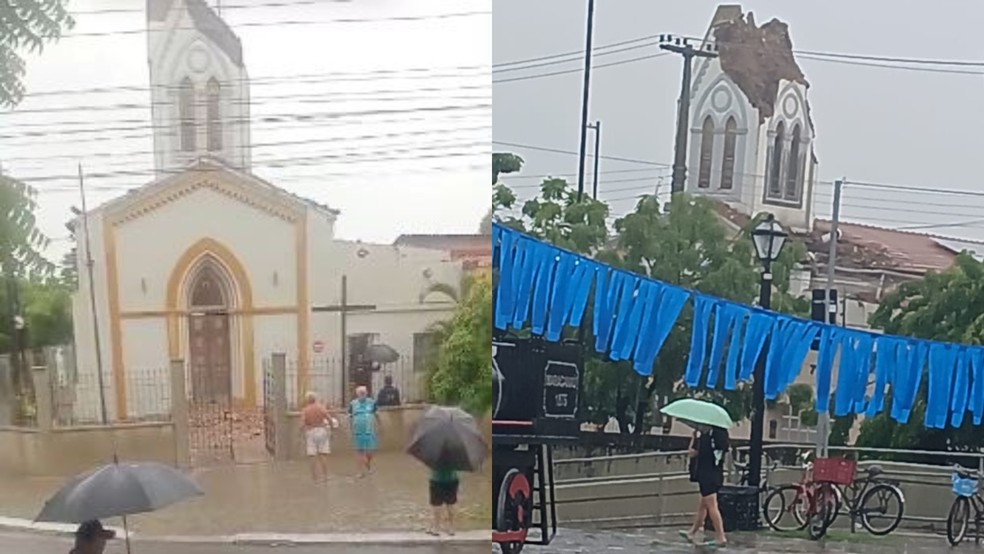 Parte do teto da Paróquia São José, em Maracanaú, desabou na manhã desta quarta-feira (19). — Foto: Reprodução