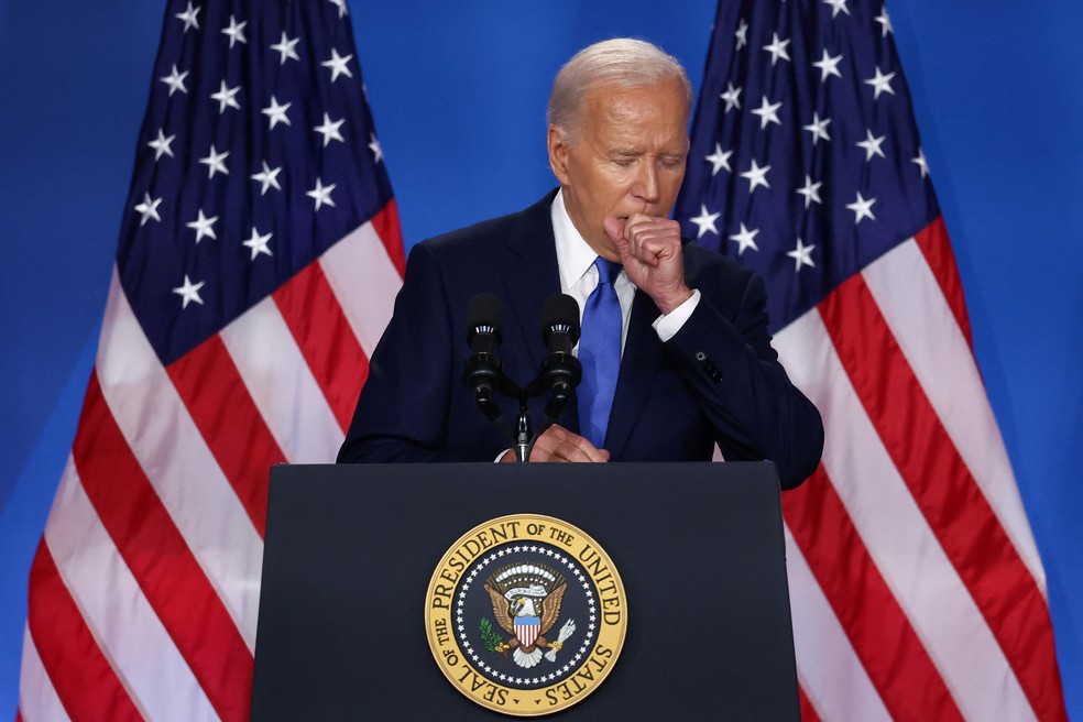 O presidente Joe Biden durante entrevista coletiva após a cúpula da Otan, em Washington — Foto: REUTERS/Yves Herman