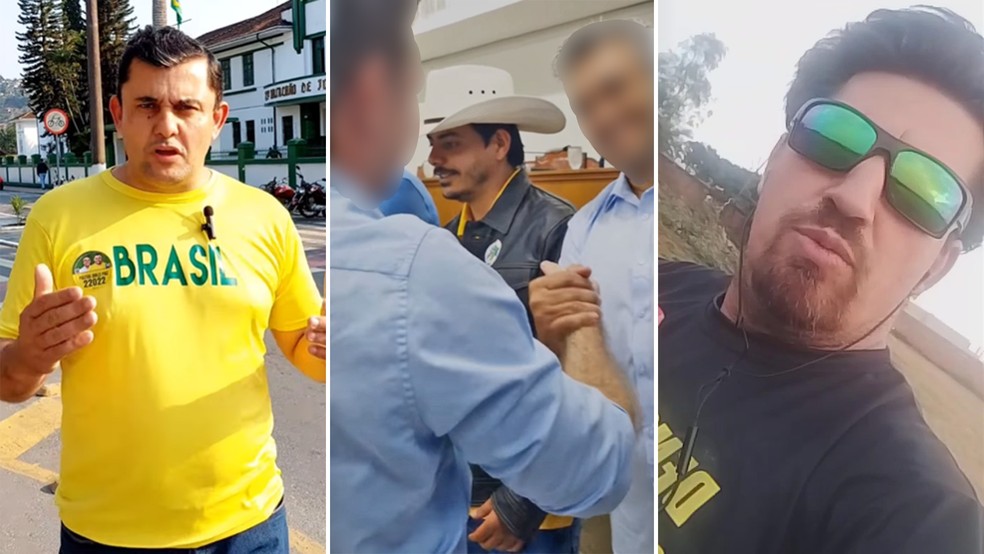 Da esquerda para a direita: Pastor Dirlei Paiz em 4/9 em Blumenau (SC); Locutor Henrique Pimenta em 2/8 na Câmara de Olímpia (SC); e Marcos Geleia Patriota em 28/8 em Céu Azul (PR) — Foto: Reprodução/redes sociais e YouTube