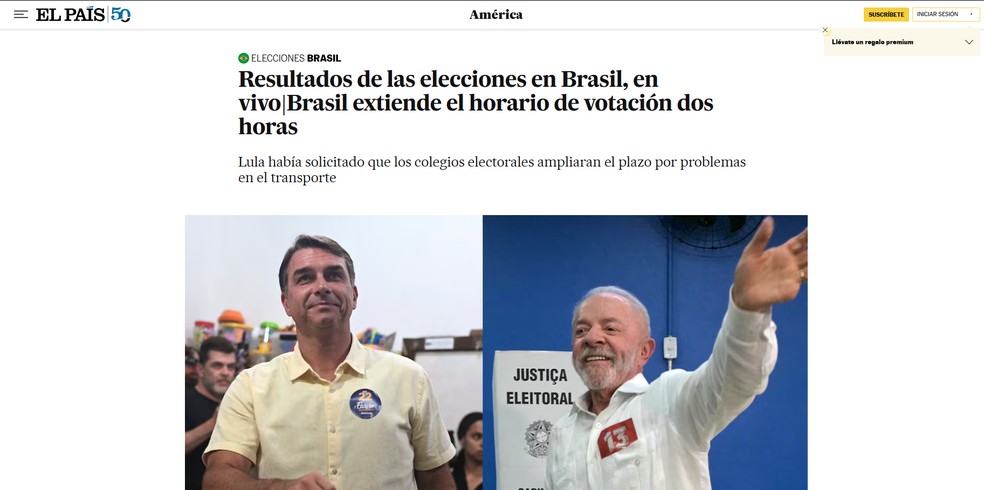 O jornal espanhol El País noticiou a prorrogação da votação no Brasil. — Foto: Reprodução: El País